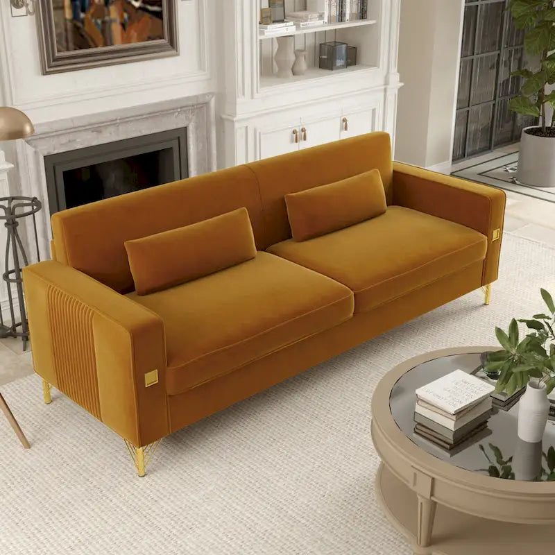 85.6" Modern Velvet 3-Seater Sofa - Pocketed Spring Cushions - Gold Metal Accents - Removable Washable Covers - Plush Polyester