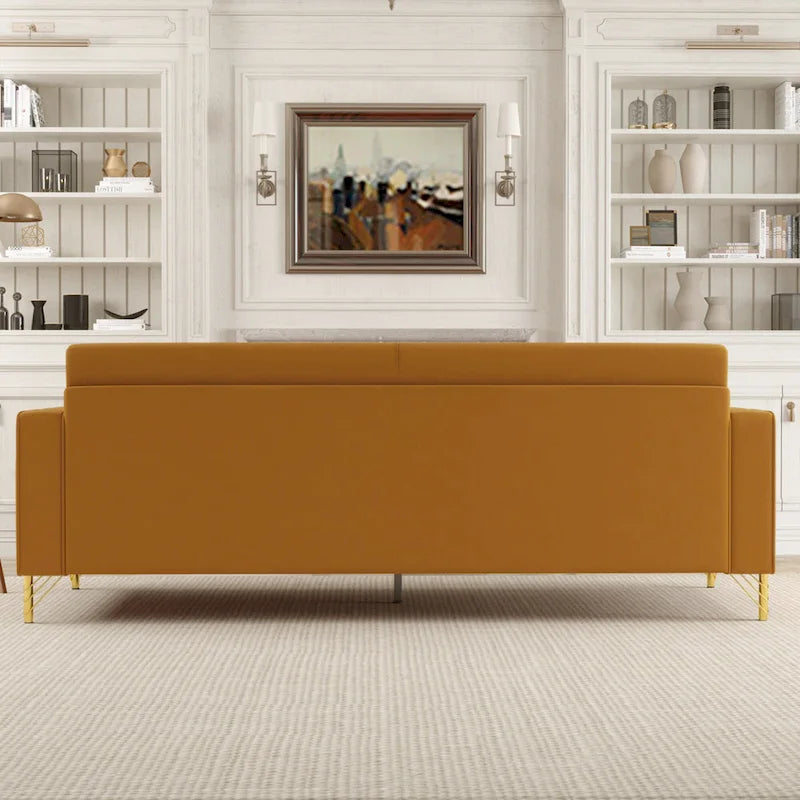 85.6" Modern Velvet 3-Seater Sofa - Pocketed Spring Cushions - Gold Metal Accents - Removable Washable Covers - Plush Polyester