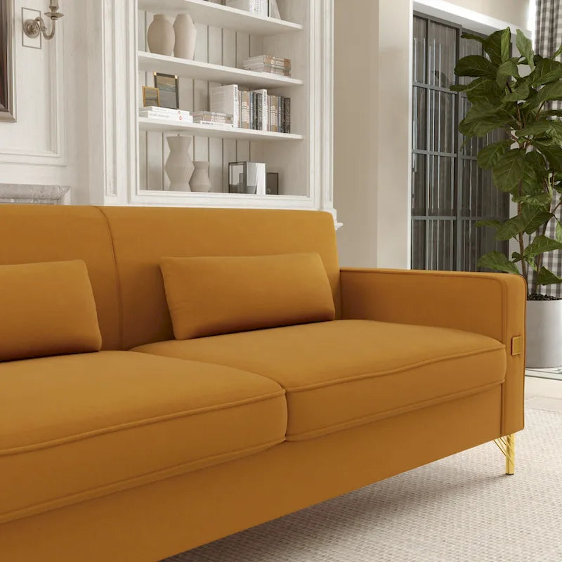 85.6" Modern Velvet 3-Seater Sofa - Pocketed Spring Cushions - Gold Metal Accents - Removable Washable Covers - Plush Polyester