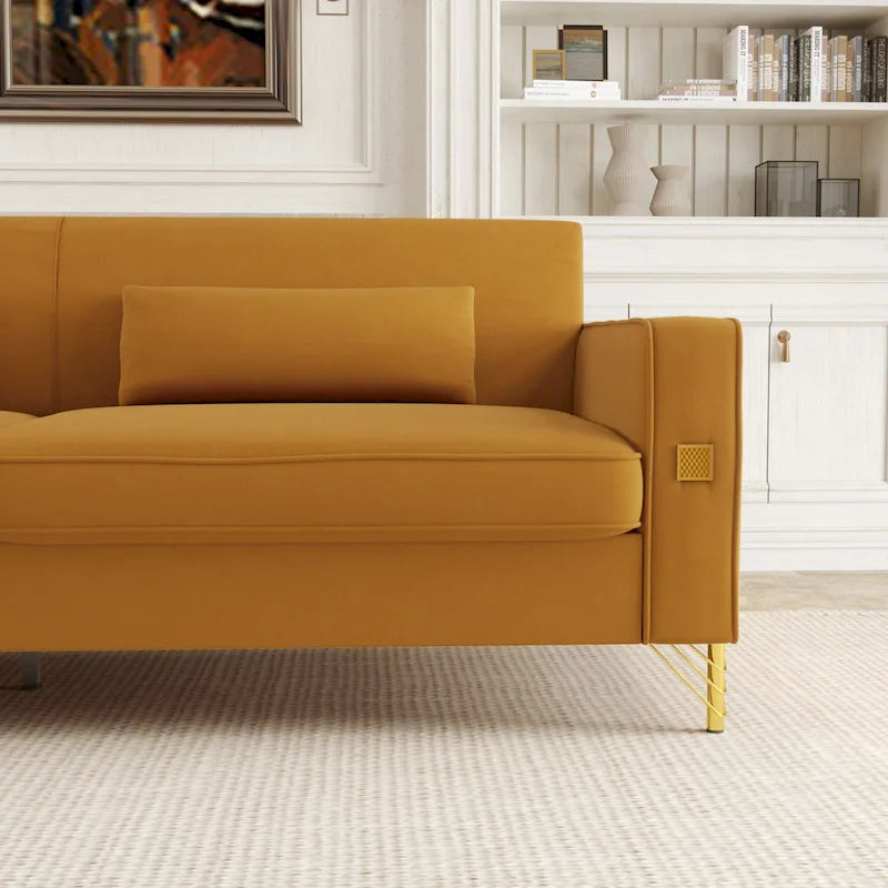 85.6" Modern Velvet 3-Seater Sofa - Pocketed Spring Cushions - Gold Metal Accents - Removable Washable Covers - Plush Polyester