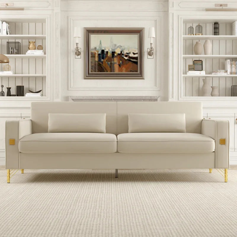 85.6" Modern Velvet 3-Seater Sofa - Pocketed Spring Cushions - Gold Metal Accents - Removable Washable Covers - Plush Polyester