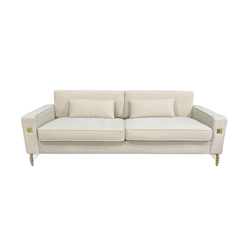 85.6" Modern Velvet 3-Seater Sofa - Pocketed Spring Cushions - Gold Metal Accents - Removable Washable Covers - Plush Polyester