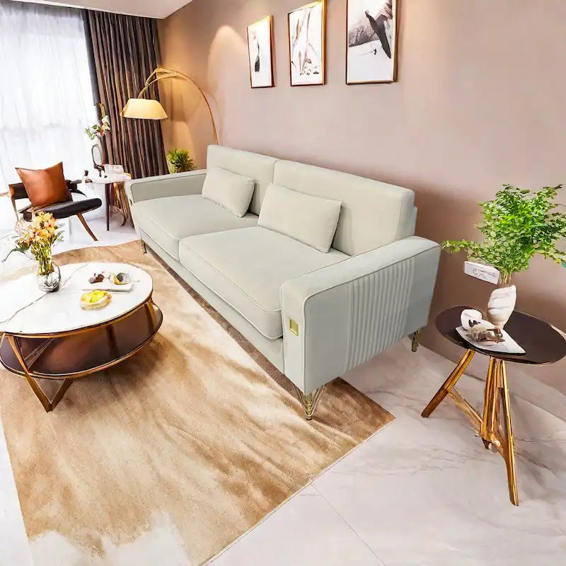 85.6" Modern Velvet 3-Seater Sofa - Pocketed Spring Cushions - Gold Metal Accents - Removable Washable Covers - Plush Polyester