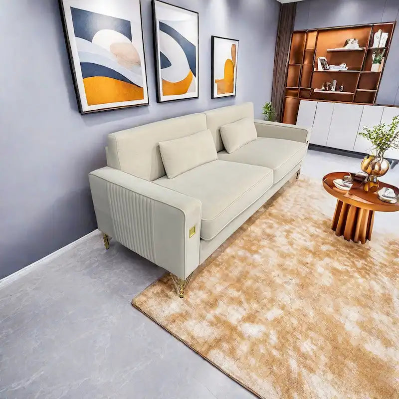 85.6" Modern Velvet 3-Seater Sofa - Pocketed Spring Cushions - Gold Metal Accents - Removable Washable Covers - Plush Polyester
