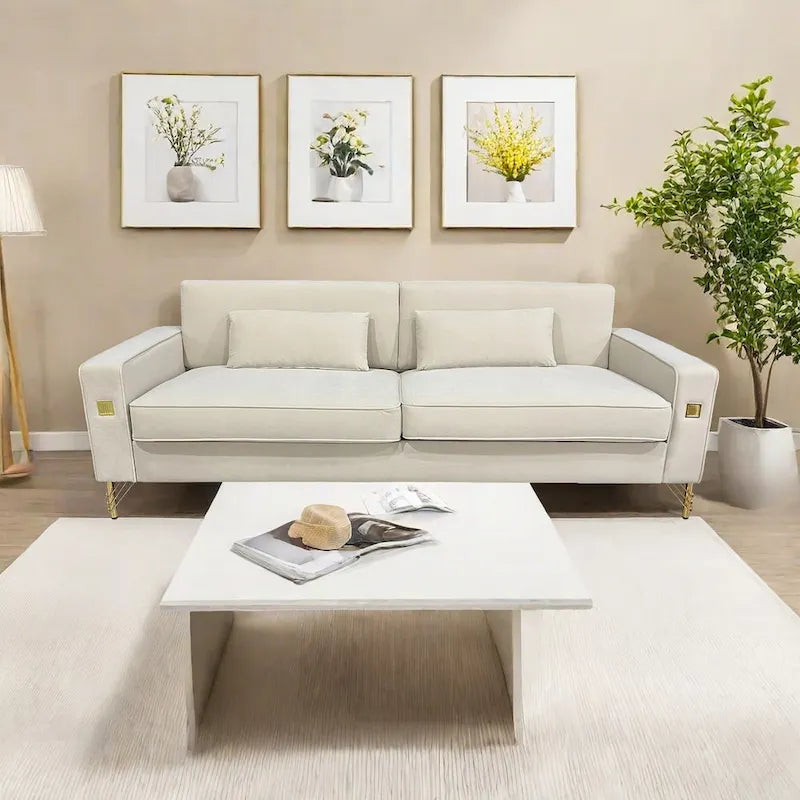85.6" Modern Velvet 3-Seater Sofa - Pocketed Spring Cushions - Gold Metal Accents - Removable Washable Covers - Plush Polyester