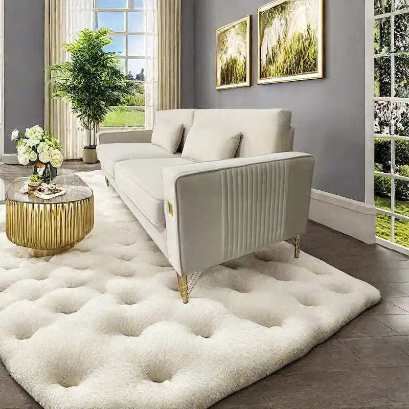 85.6" Modern Velvet 3-Seater Sofa - Pocketed Spring Cushions - Gold Metal Accents - Removable Washable Covers - Plush Polyester