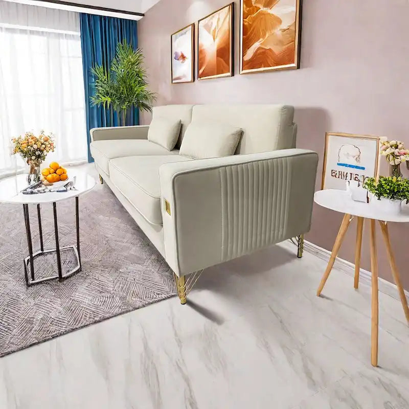 85.6" Modern Velvet 3-Seater Sofa - Pocketed Spring Cushions - Gold Metal Accents - Removable Washable Covers - Plush Polyester