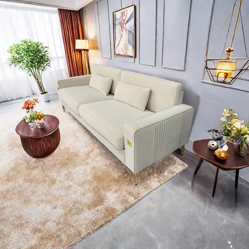 85.6" Modern Velvet 3-Seater Sofa - Pocketed Spring Cushions - Gold Metal Accents - Removable Washable Covers - Plush Polyester