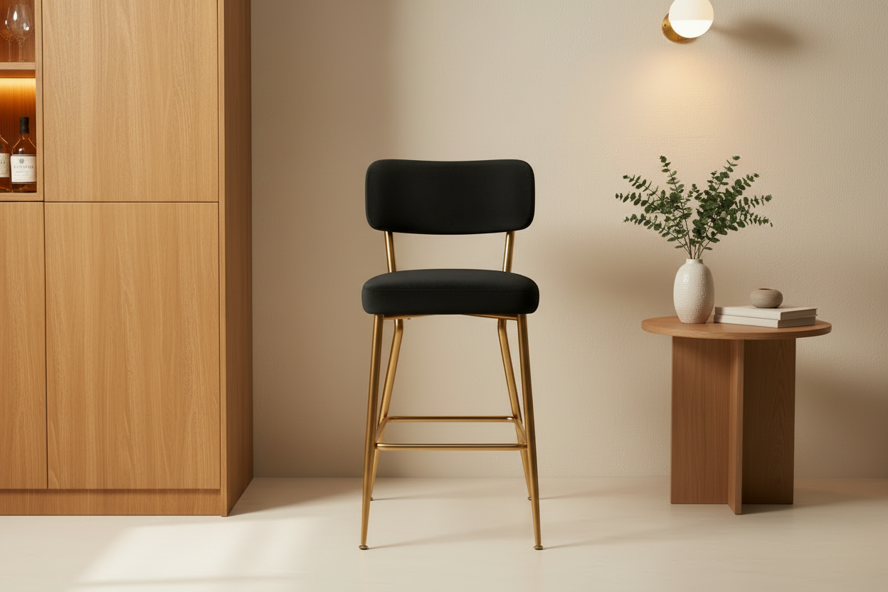 Modern Bar Stools Set of 2 - 18.9" Seat Height, Teddy Fleece Upholstered Counter Chairs, 300lbs Capacity - Black Gold