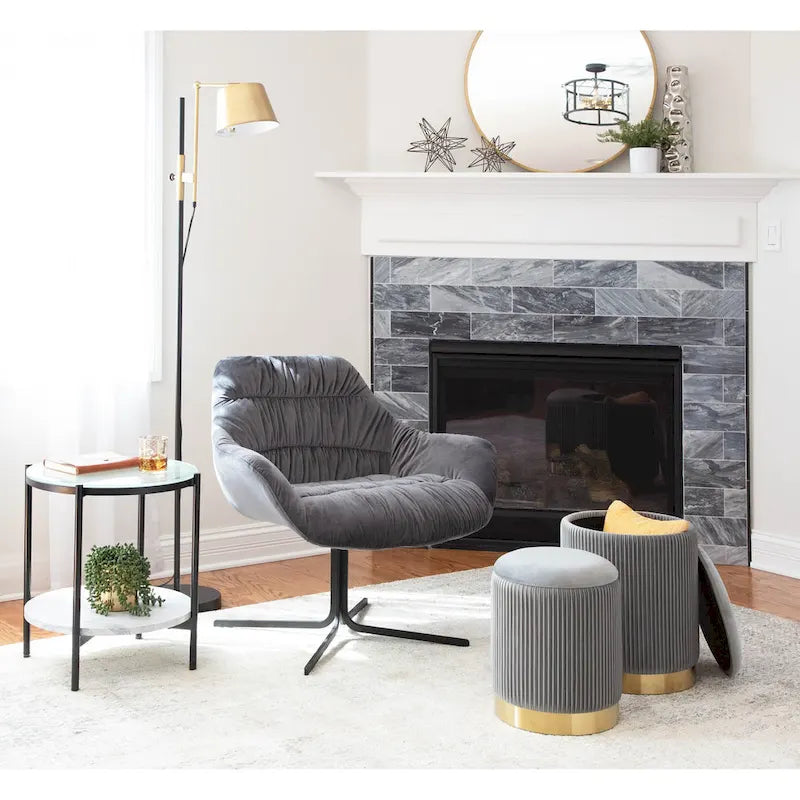 360° Swivel Lounge Chair - Velvet Upholstered Accent Chair with Tufted Backrest - Modern Living Room Furniture - Grey/Yellow