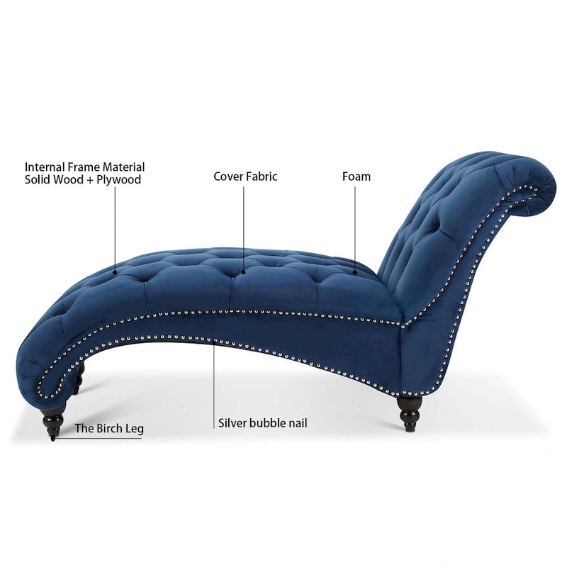 63" Tufted Chaise Lounge - High-Density Foam, Nailhead Trim, Pine Frame (62.8L x 27.17W x 32.87H)