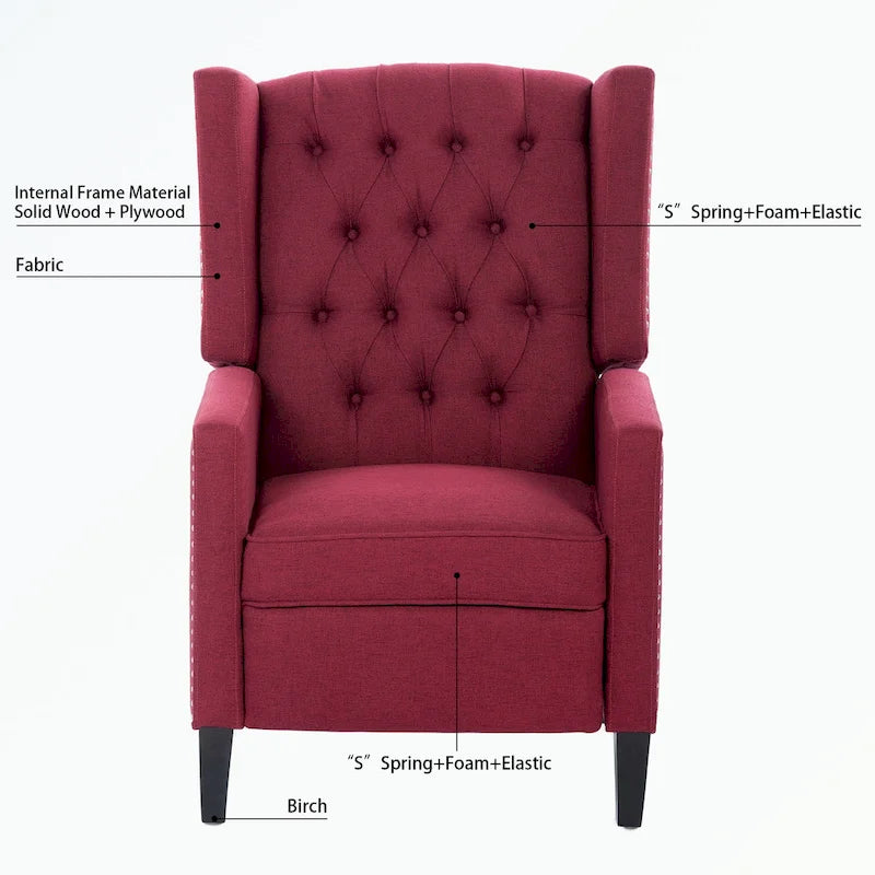 Manual Wing Chair Recliner - High Back, Solid Wood Frame, Spring Support, Chaise Longue Position - Classic Living Room Chair
