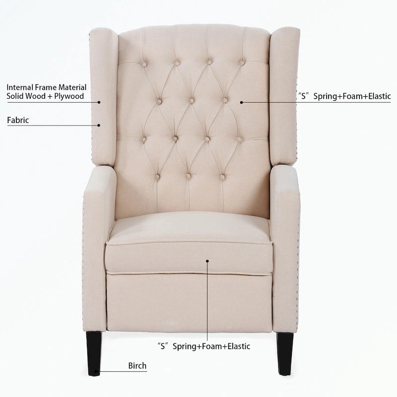 Manual Wing Chair Recliner - High Back, Solid Wood Frame, Spring Support, Chaise Longue Position - Classic Living Room Chair
