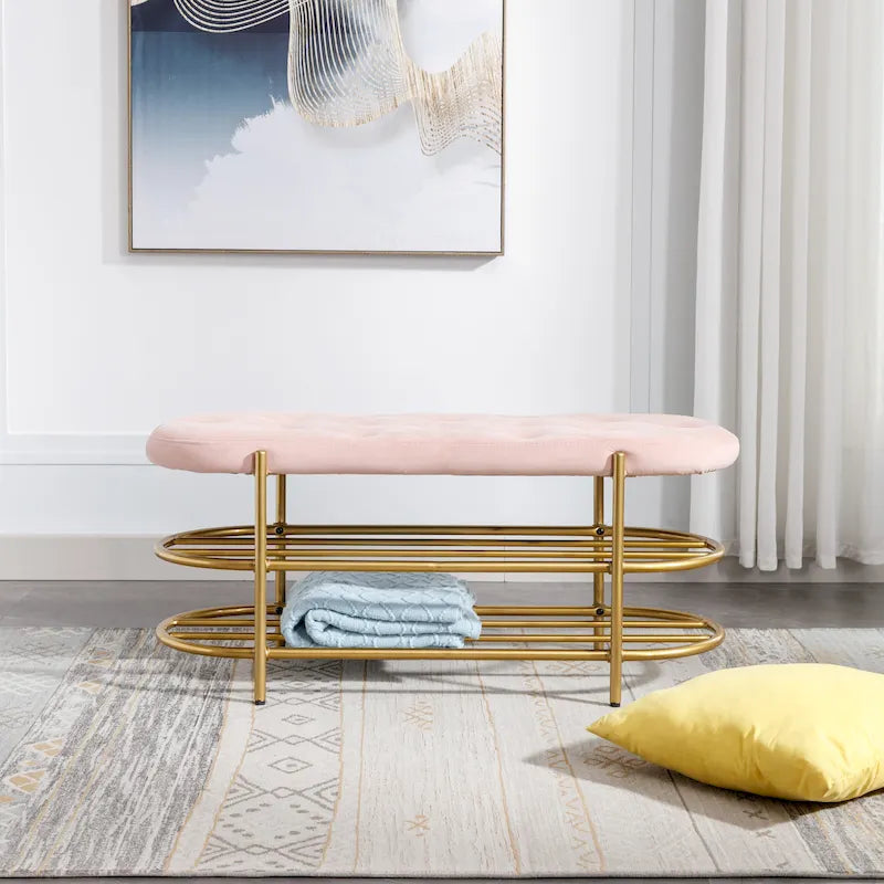 40" Velvet Upholstered Bench with Double Shoe Rack - Modern Glam Ottoman, Metal Frame, Foam Cushion, 250 lbs Capacity