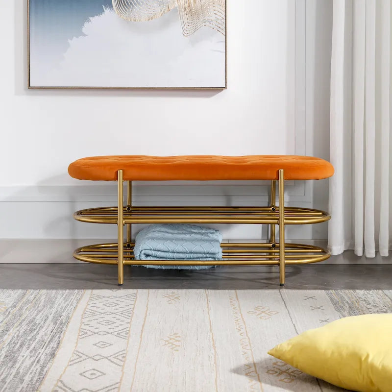 40" Velvet Upholstered Bench with Double Shoe Rack - Modern Glam Ottoman, Metal Frame, Foam Cushion, 250 lbs Capacity