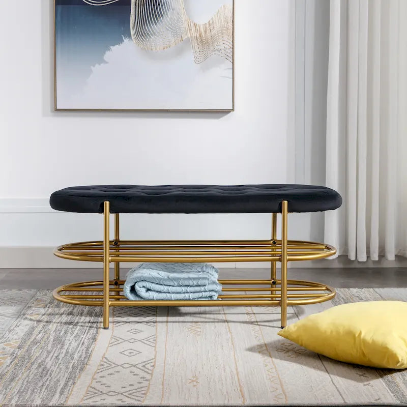 40" Velvet Upholstered Bench with Double Shoe Rack - Modern Glam Ottoman, Metal Frame, Foam Cushion, 250 lbs Capacity