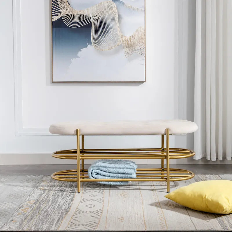 40" Velvet Upholstered Bench with Double Shoe Rack - Modern Glam Ottoman, Metal Frame, Foam Cushion, 250 lbs Capacity