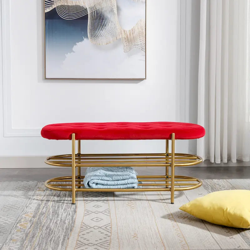 40" Velvet Upholstered Bench with Double Shoe Rack - Modern Glam Ottoman, Metal Frame, Foam Cushion, 250 lbs Capacity