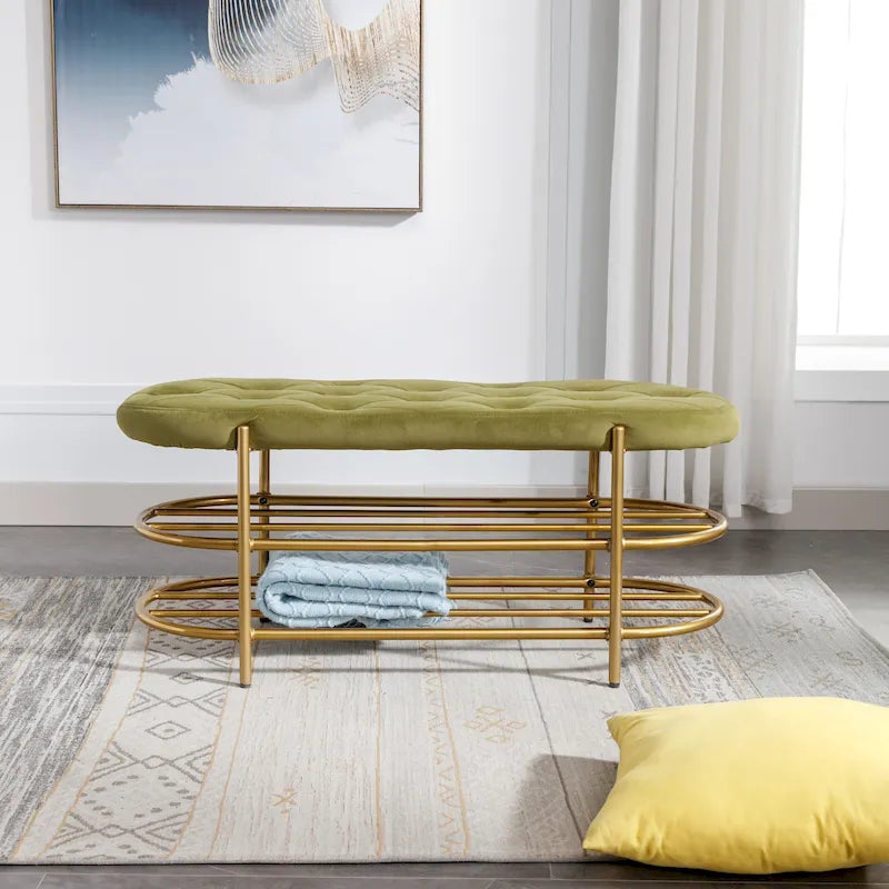 40" Velvet Upholstered Bench with Double Shoe Rack - Modern Glam Ottoman, Metal Frame, Foam Cushion, 250 lbs Capacity
