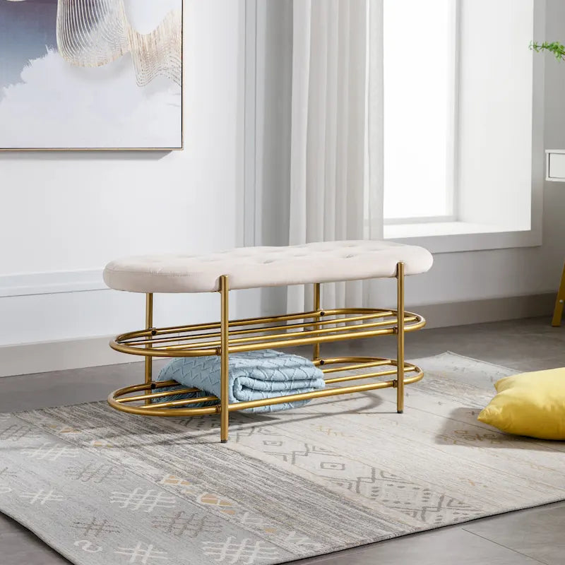40" Velvet Upholstered Bench with Double Shoe Rack - Modern Glam Ottoman, Metal Frame, Foam Cushion, 250 lbs Capacity