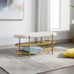 40" Velvet Upholstered Bench with Double Shoe Rack - Modern Glam Ottoman, Metal Frame, Foam Cushion, 250 lbs Capacity