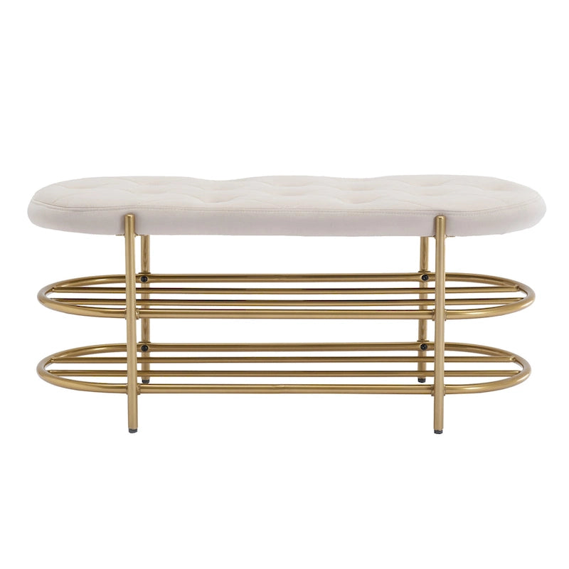 40" Velvet Upholstered Bench with Double Shoe Rack - Modern Glam Ottoman, Metal Frame, Foam Cushion, 250 lbs Capacity