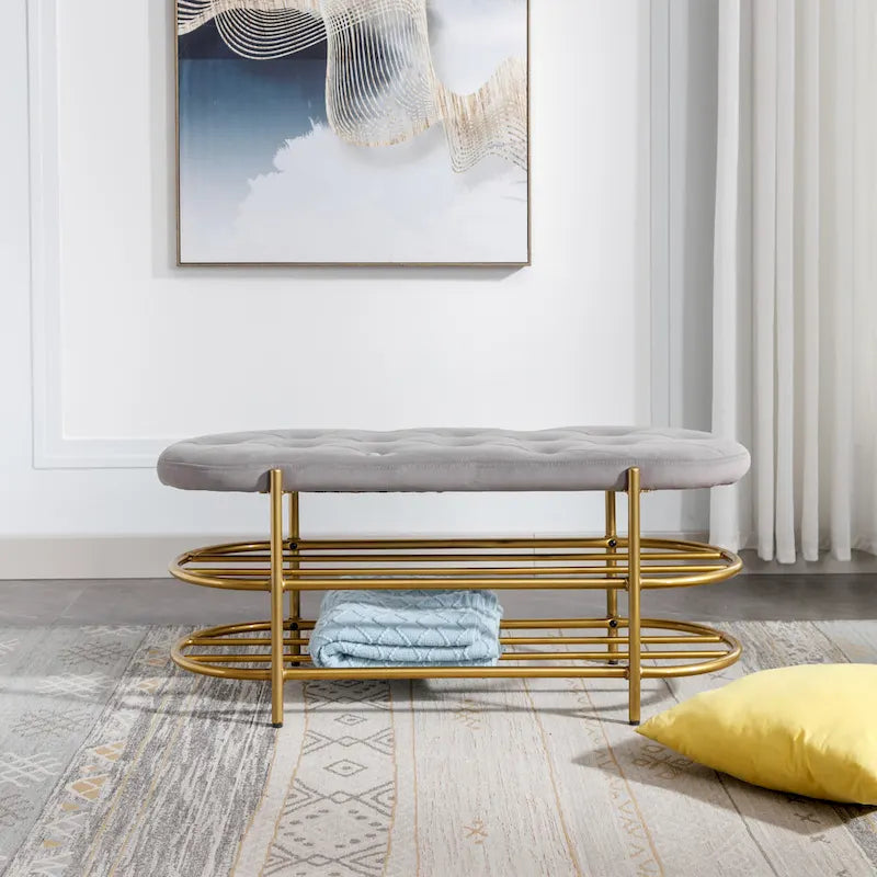 40" Velvet Upholstered Bench with Double Shoe Rack - Modern Glam Ottoman, Metal Frame, Foam Cushion, 250 lbs Capacity