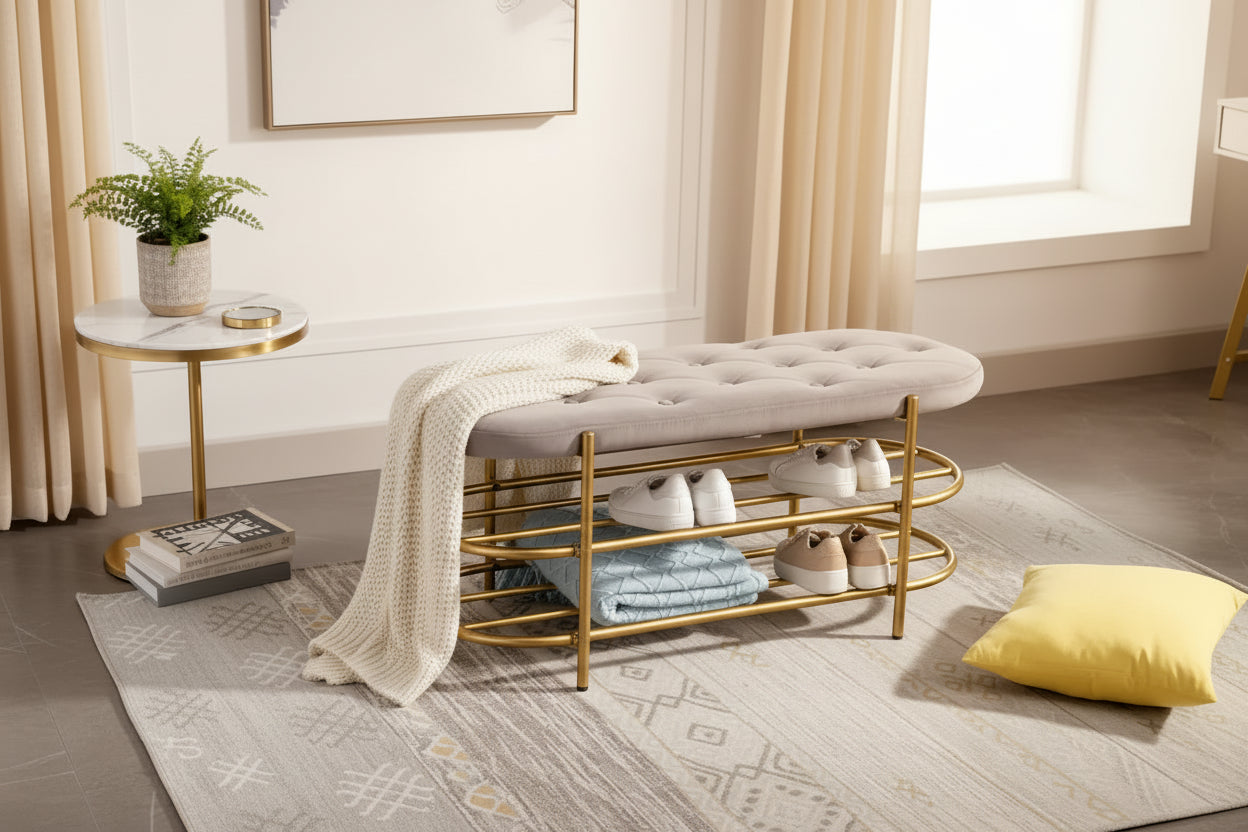 40" Velvet Upholstered Bench with Double Shoe Rack - Modern Glam Ottoman, Metal Frame, Foam Cushion, 250 lbs Capacity