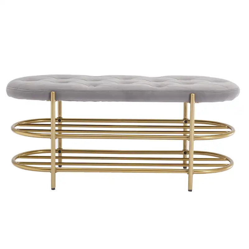 40" Velvet Upholstered Bench with Double Shoe Rack - Modern Glam Ottoman, Metal Frame, Foam Cushion, 250 lbs Capacity
