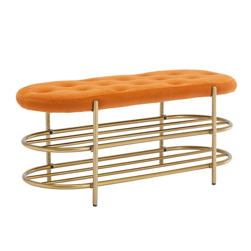 40" Velvet Upholstered Bench with Double Shoe Rack - Modern Glam Ottoman, Metal Frame, Foam Cushion, 250 lbs Capacity