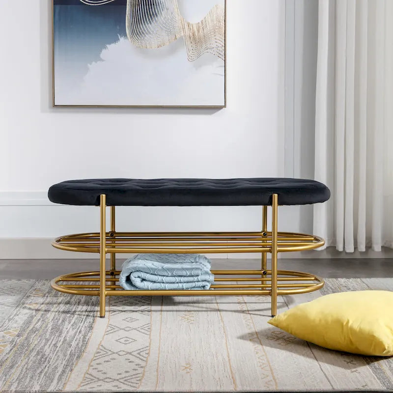 40" Velvet Upholstered Bench with Double Shoe Rack - Modern Glam Ottoman, Metal Frame, Foam Cushion, 250 lbs Capacity