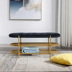 40" Velvet Upholstered Bench with Double Shoe Rack - Modern Glam Ottoman, Metal Frame, Foam Cushion, 250 lbs Capacity