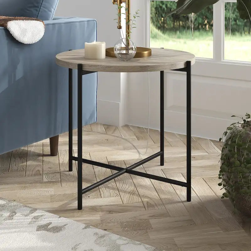 24" Round Side Table - Modern Farmhouse, MDF Wood-Look Top, Black Metal Frame (23.6" Dia x 22" H)