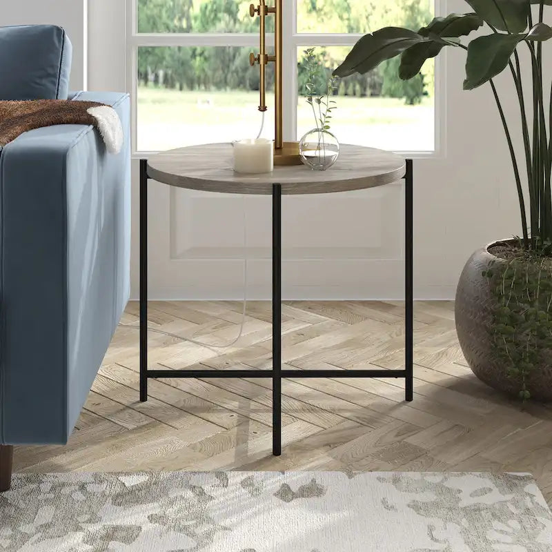 24" Round Side Table - Modern Farmhouse, MDF Wood-Look Top, Black Metal Frame (23.6" Dia x 22" H)
