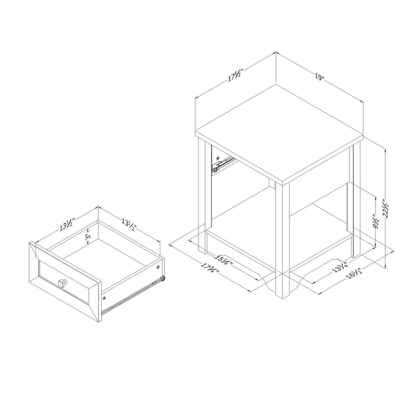19" End Table with Drawer - Shaker Style, Open Shelf, Decorative Molding (19W x 22.5H x 17.5D)
