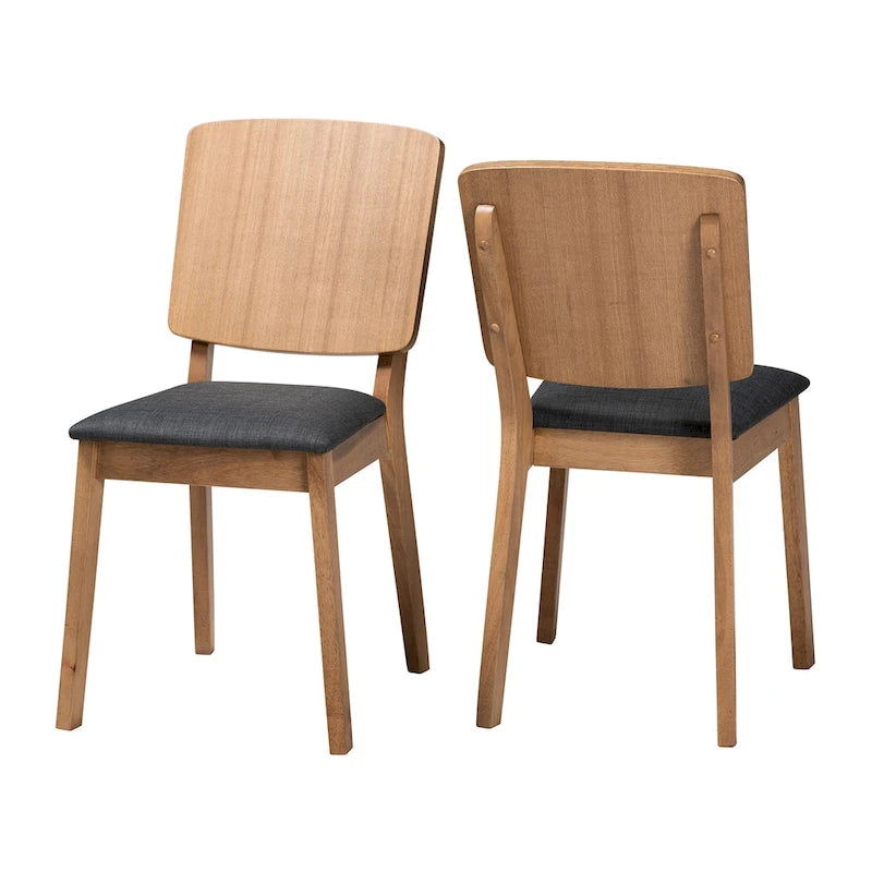 Mid-Century Modern Dining Chairs Set of 2 - Black Fabric Upholstered Rubberwood Frame with Oak Brown Finish