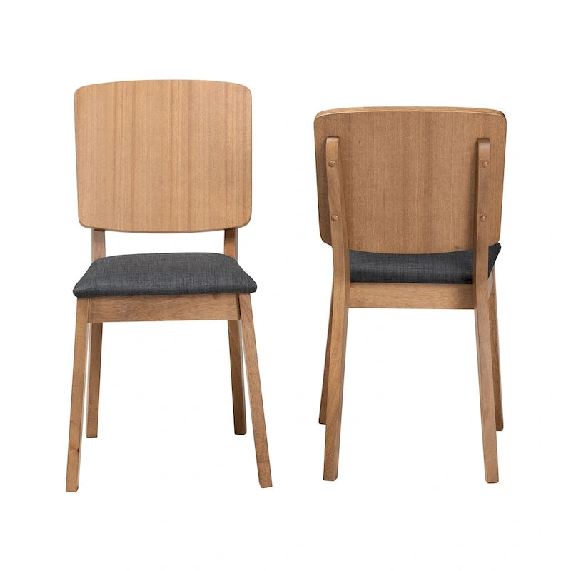 Mid-Century Modern Dining Chairs Set of 2 - Black Fabric Upholstered Rubberwood Frame with Oak Brown Finish