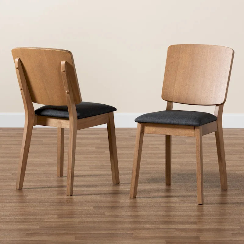 Mid-Century Modern Dining Chairs Set of 2 - Black Fabric Upholstered Rubberwood Frame with Oak Brown Finish