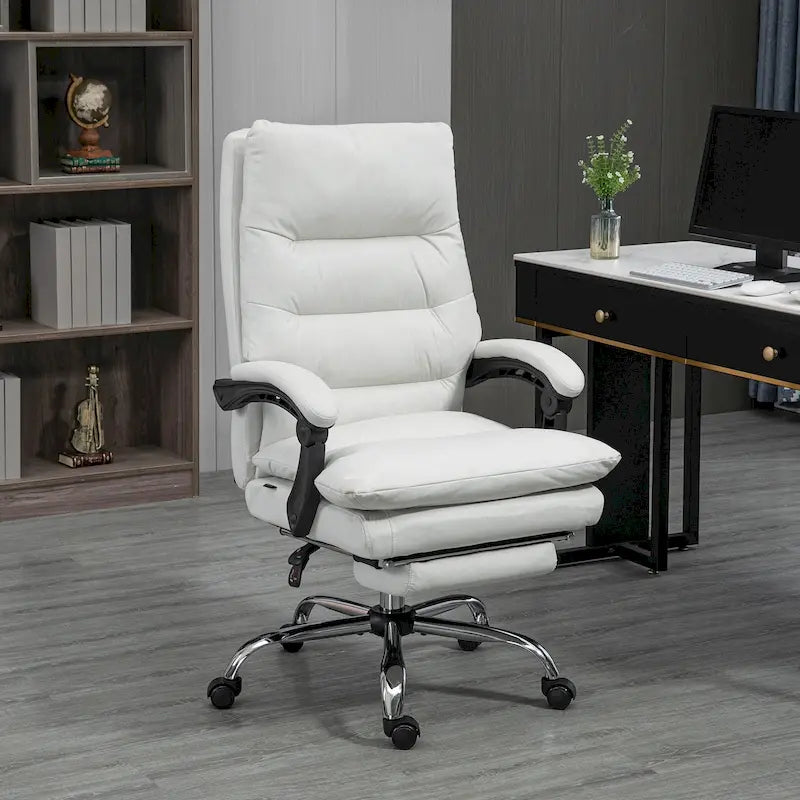 Reclining Massage Office Chair - Microfiber, 6 Vibration Points, Lumbar Heating, 135° Recline, Footrest - Cream White