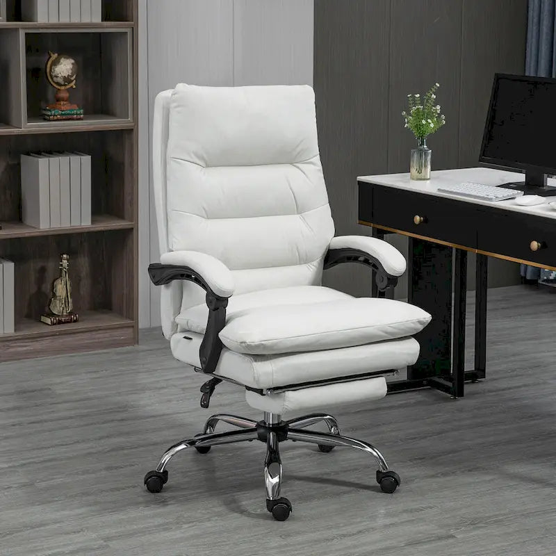 Reclining Massage Office Chair - Microfiber, 6 Vibration Points, Lumbar Heating, 135° Recline, Footrest - Cream White