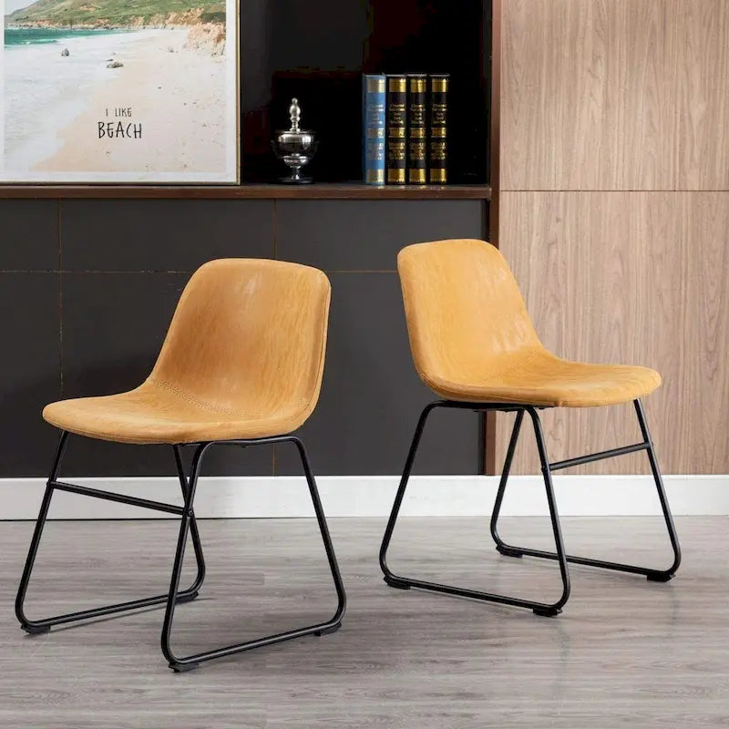 Faux Leather Dining Chairs Set of 2 - Water-Resistant, Black Metal Frame, Curved Back - Mid-Century Modern Tan Armless