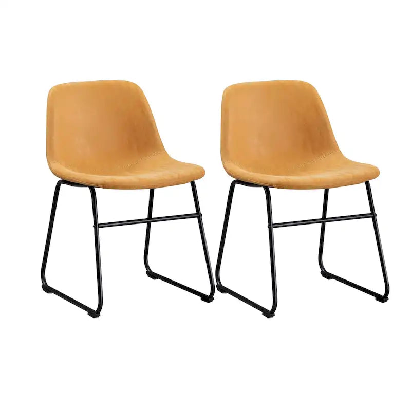 Faux Leather Dining Chairs Set of 2 - Water-Resistant, Black Metal Frame, Curved Back - Mid-Century Modern Tan Armless