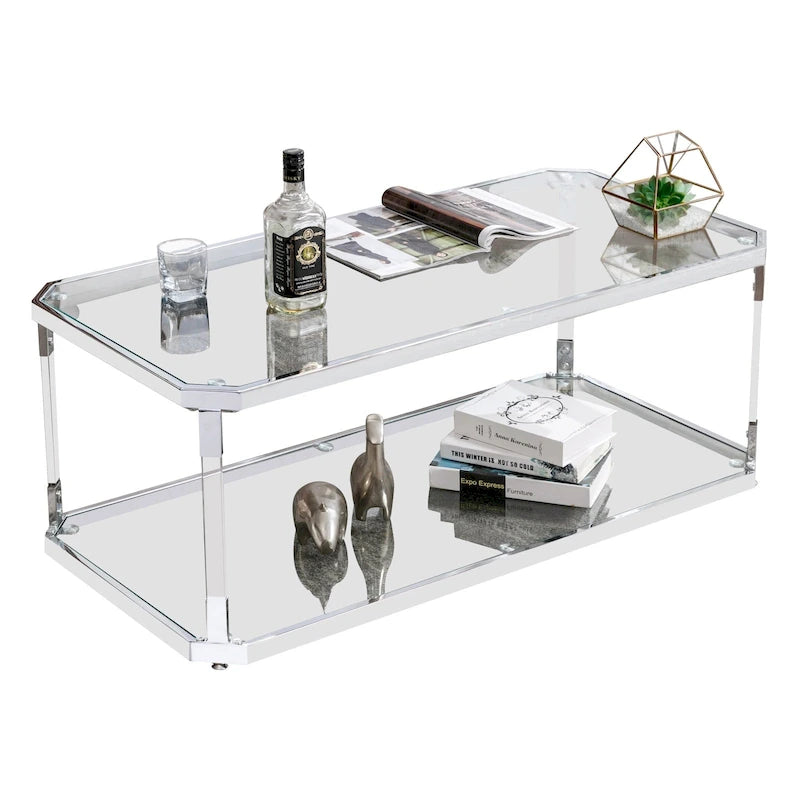 Glass Coffee Table with Chrome Frame - 44.1"L x 21.65"W, 2-Tier Storage Shelf - Modern Rectangular Living Room Table