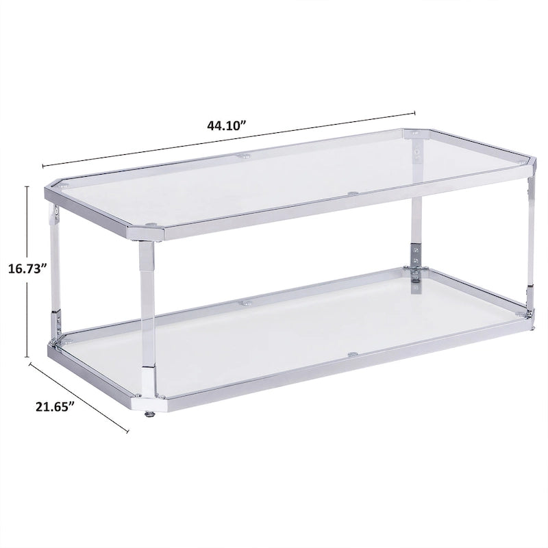 Glass Coffee Table with Chrome Frame - 44.1"L x 21.65"W, 2-Tier Storage Shelf - Modern Rectangular Living Room Table
