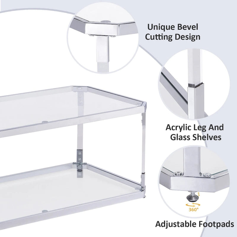 Glass Coffee Table with Chrome Frame - 44.1"L x 21.65"W, 2-Tier Storage Shelf - Modern Rectangular Living Room Table