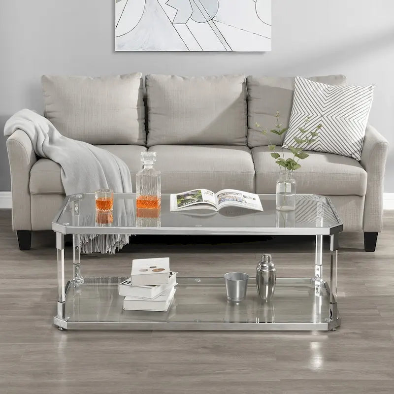 Glass Coffee Table with Chrome Frame - 44.1"L x 21.65"W, 2-Tier Storage Shelf - Modern Rectangular Living Room Table