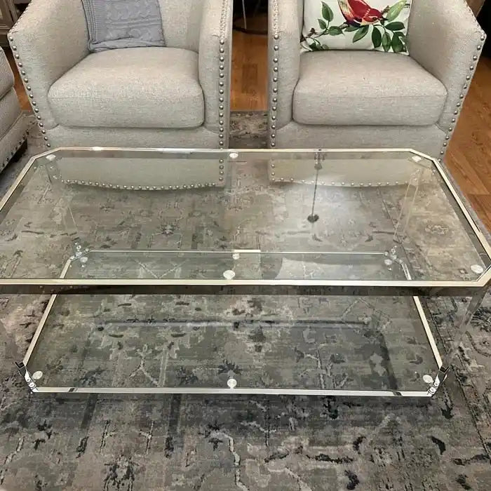 Glass Coffee Table with Chrome Frame - 44.1"L x 21.65"W, 2-Tier Storage Shelf - Modern Rectangular Living Room Table