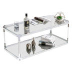Glass Coffee Table with Chrome Frame - 44.1"L x 21.65"W, 2-Tier Storage Shelf - Modern Rectangular Living Room Table