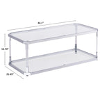 Glass Coffee Table with Chrome Frame - 44.1"L x 21.65"W, 2-Tier Storage Shelf - Modern Rectangular Living Room Table