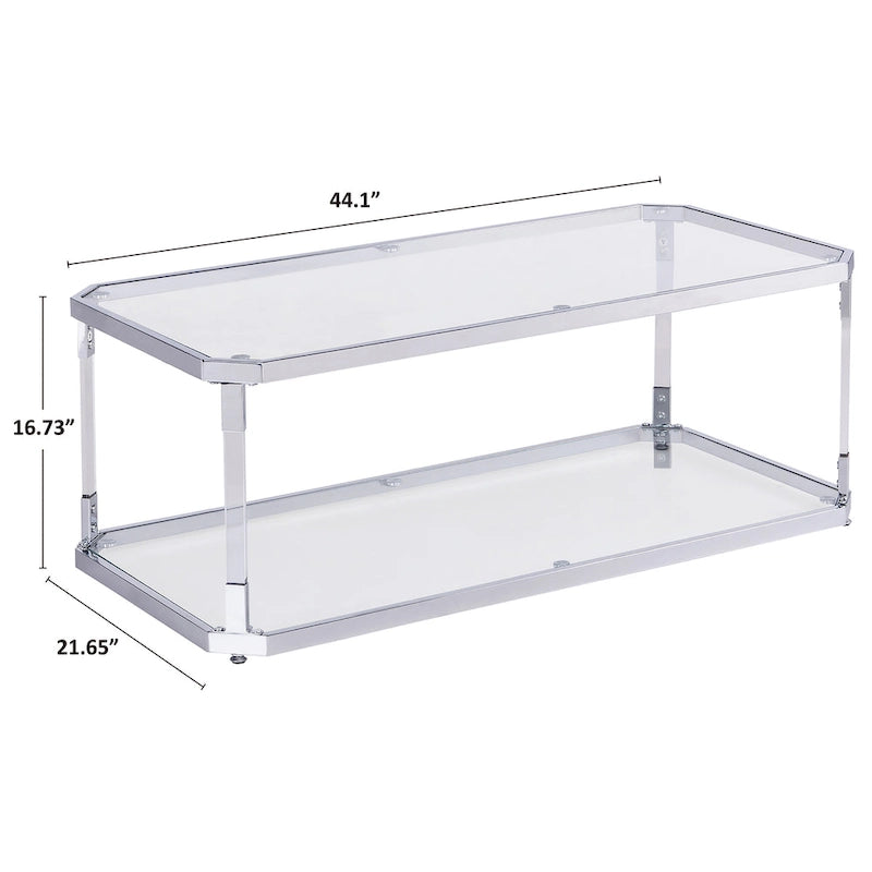 Glass Coffee Table with Chrome Frame - 44.1"L x 21.65"W, 2-Tier Storage Shelf - Modern Rectangular Living Room Table